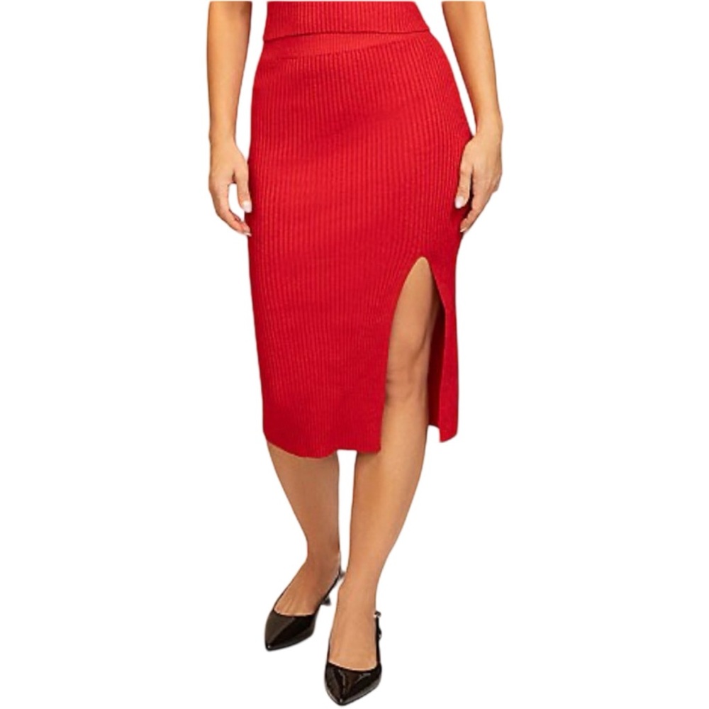 NWT $38 Stevie by Steve Madden – Red Metallic Ribbed Midi Skirt (XS)